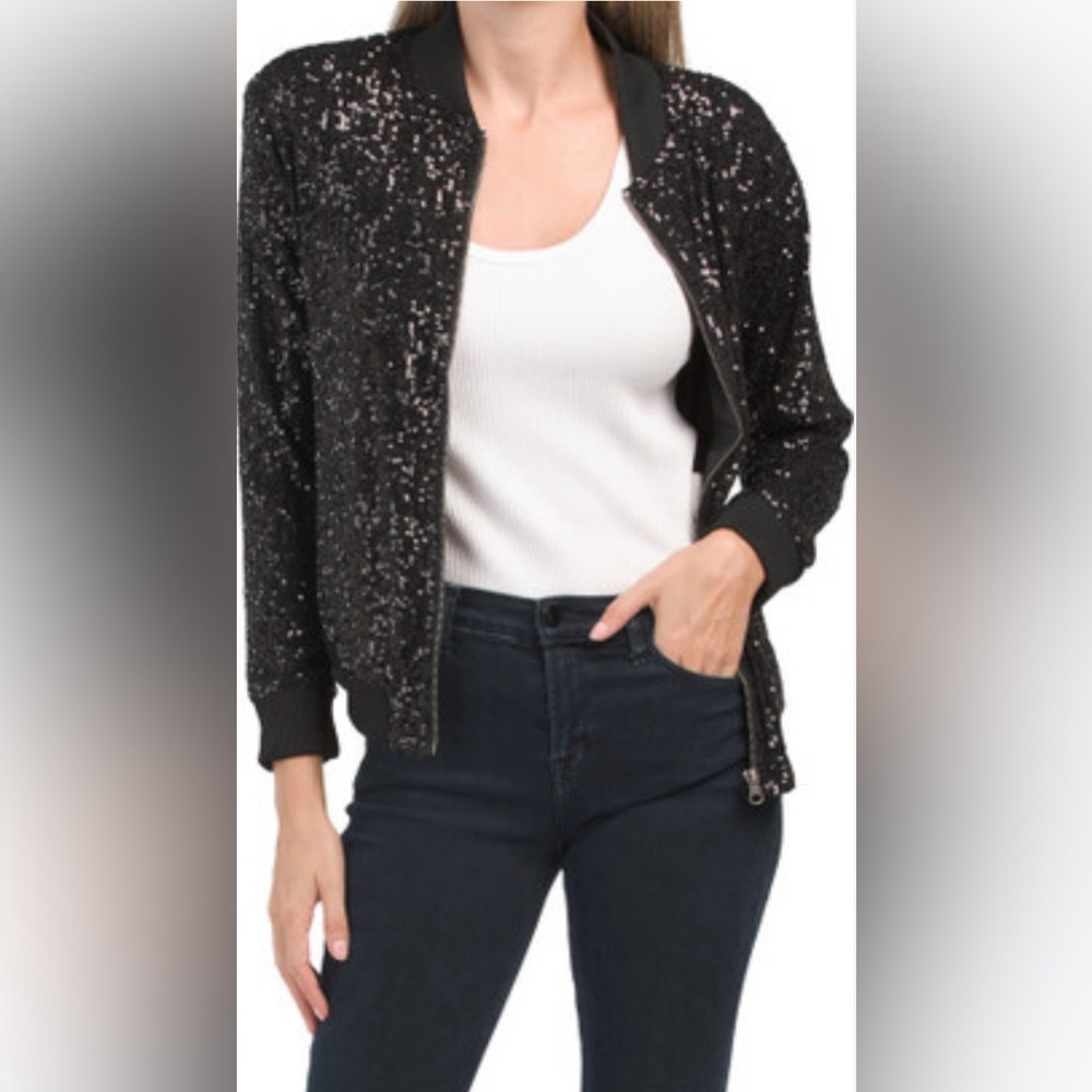 Black Sequin Zip Bomber Jacket – NWT – Size Large